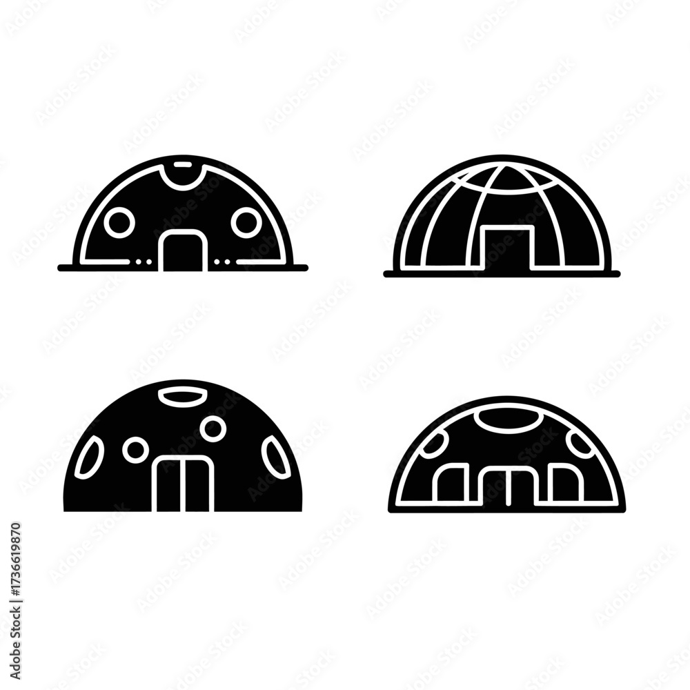 Fototapeta premium Four stylized black and white icons representing different dome-shaped structures, possibly habitats or shelters.