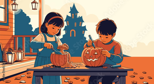 Vector illustration of children carving jack-o’-lanterns on a porch at sunset with a haunted house in the background, perfect for Halloween invitations, festive posters, and seasonal marketing