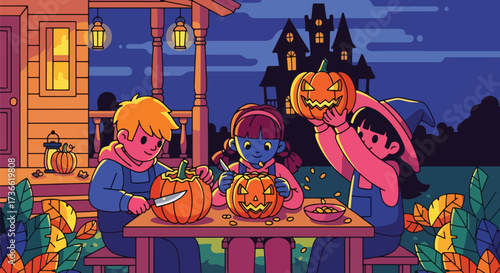 Vector illustration of children carving jack-o’-lanterns on a porch at sunset with a haunted house in the background, perfect for Halloween invitations, festive posters, and seasonal marketing