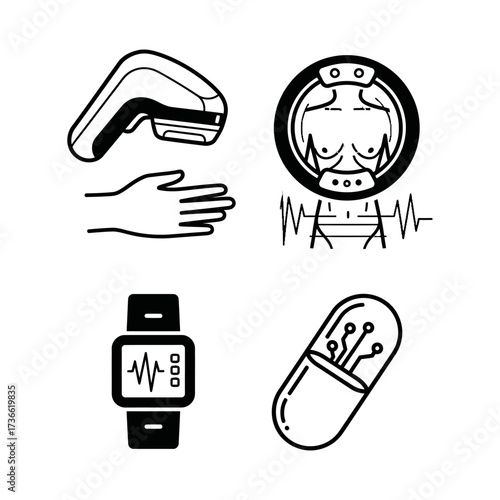 Icons depicting various medical and health technology devices including scanners, monitoring systems, smartwatches, and ingestible sensors.