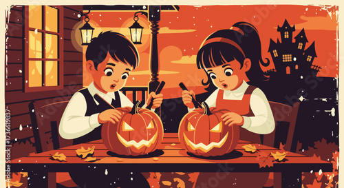 Vector illustration of children carving jack-o’-lanterns on a porch at sunset with a haunted house in the background, perfect for Halloween invitations, festive posters, and seasonal marketing