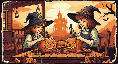 Vector illustration of children carving jack-o’-lanterns on a porch at sunset with a haunted house in the background, perfect for Halloween invitations, festive posters, and seasonal marketing