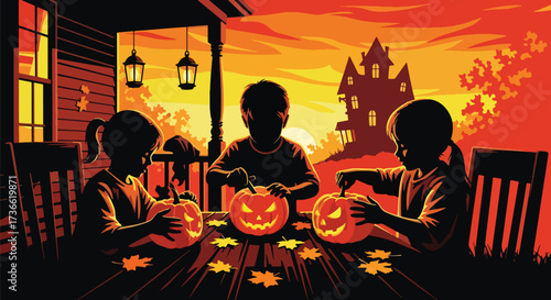 Vector illustration of children carving jack-o’-lanterns on a porch at sunset with a haunted house in the background, perfect for Halloween invitations, festive posters, and seasonal marketing