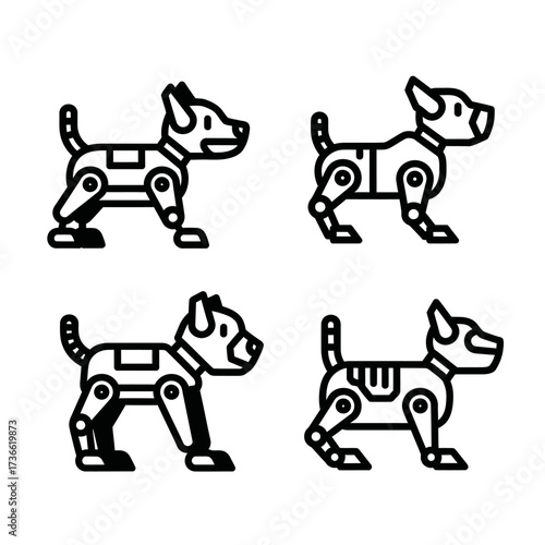 Four black and white line art illustrations of stylized robotic dogs, showcasing various mechanical designs and futuristic pets.