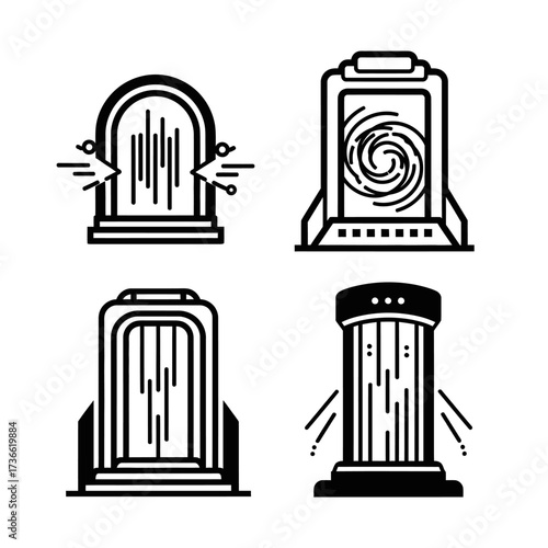 Four portal icons in black and white, representing teleportation technology.