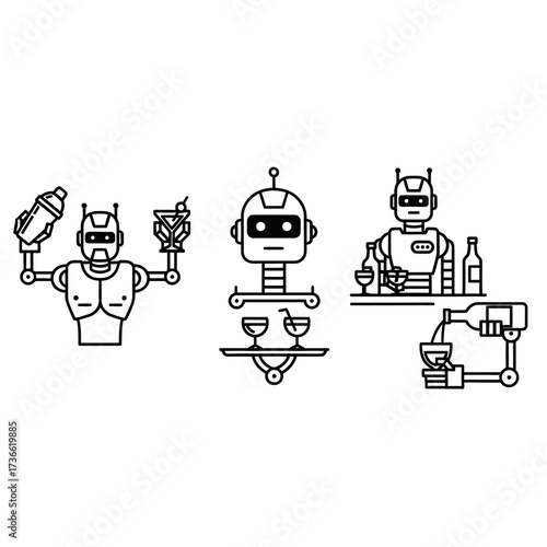 Line art illustrations of robot bartenders serving cocktails and drinks, with various poses.
