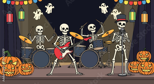 Vector illustration of skeletons playing in a rock band with guitars, drums, and microphones surrounded by jack-o’-lanterns, perfect for Halloween party posters, music events, and festive designs