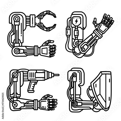 Illustration of various robotic arms with different tools and functions, showing technological advancements.