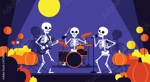 Vector illustration of skeletons playing in a rock band with guitars, drums, and microphones surrounded by jack-o’-lanterns, perfect for Halloween party posters, music events, and festive designs