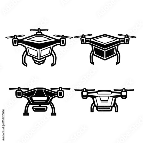 A collection of four distinct drone illustrations, showcasing different designs and perspectives of unmanned aerial vehicles.