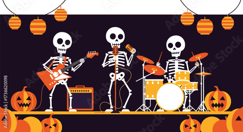 Vector illustration of skeletons playing in a rock band with guitars, drums, and microphones surrounded by jack-o’-lanterns, perfect for Halloween party posters, music events, and festive designs