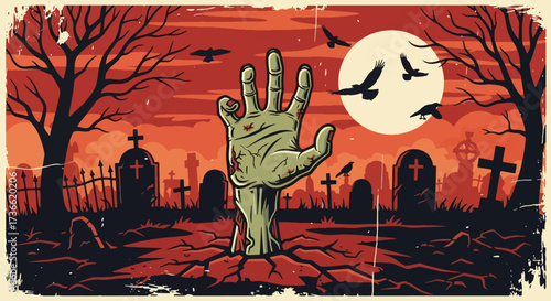 Cartoon illustration of a zombie hand rising from a graveyard at night with flying crows and eerie trees, perfect for Halloween posters, horror themes, and spooky seasonal designs