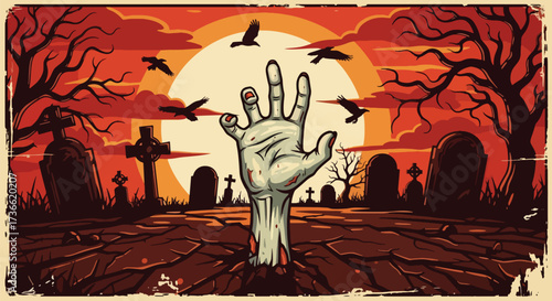 Cartoon illustration of a zombie hand rising from a graveyard at night with flying crows and eerie trees, perfect for Halloween posters, horror themes, and spooky seasonal designs