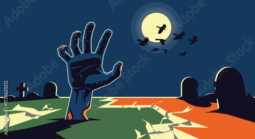 Cartoon illustration of a zombie hand rising from a graveyard at night with flying crows and eerie trees, perfect for Halloween posters, horror themes, and spooky seasonal designs