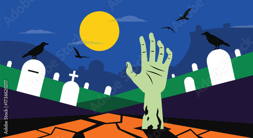Cartoon illustration of a zombie hand rising from a graveyard at night with flying crows and eerie trees, perfect for Halloween posters, horror themes, and spooky seasonal designs