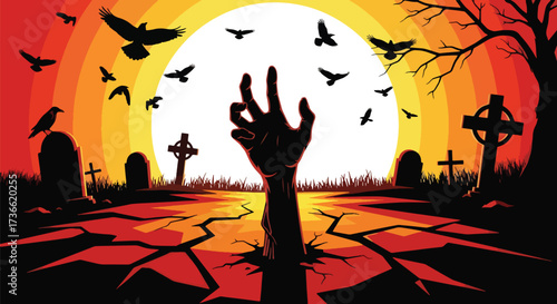 Cartoon illustration of a zombie hand rising from a graveyard at night with flying crows and eerie trees, perfect for Halloween posters, horror themes, and spooky seasonal designs
