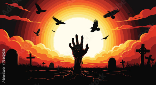 Cartoon illustration of a zombie hand rising from a graveyard at night with flying crows and eerie trees, perfect for Halloween posters, horror themes, and spooky seasonal designs