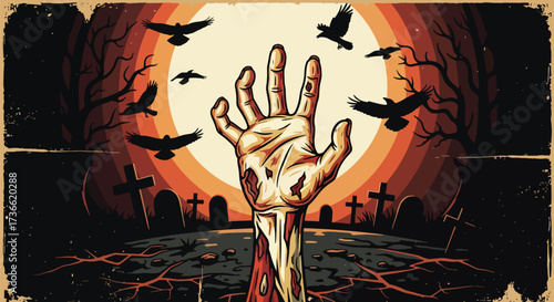 Cartoon illustration of a zombie hand rising from a graveyard at night with flying crows and eerie trees, perfect for Halloween posters, horror themes, and spooky seasonal designs