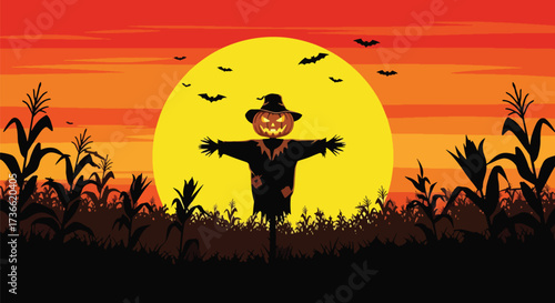 Vector illustration of a spooky scarecrow with a jack-o’-lantern head in a cornfield at sunset with flying bats, perfect for Halloween designs, seasonal posters, and eerie holiday themes