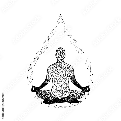 Geometric illustration of a person meditating in lotus position inside a teardrop shaped outline