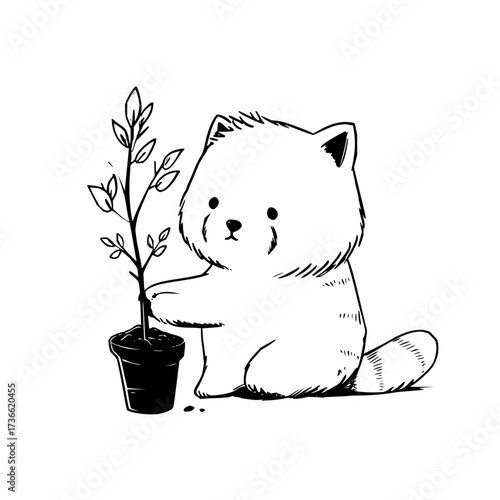 A charming red panda cub delicately holds a potted plant with small leaves in a black and white sketch