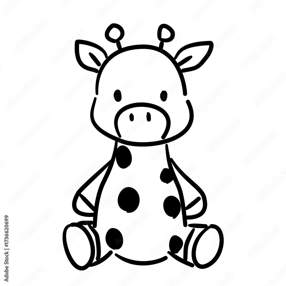 Naklejka premium Baby giraffe plush baby shower line art doodle illustration hand drawn black and white outline sketch for invitations stickers patterns and crafts