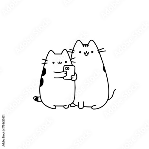 Two cartoon cats taking a selfie with a smartphone one cat has spots and the other is plain white cat