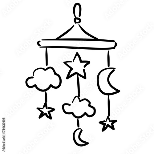 Baby cloud mobile clouds with dangling raindrops and stars baby shower line art doodle illustration hand drawn black and white outline sketch for invitations stickers patterns and crafts