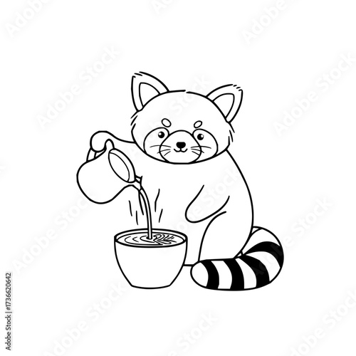 Red panda pouring a liquid from a pitcher into a bowl with a striped tail on a white background