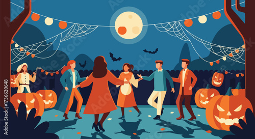 Vector illustration of people dancing at a Halloween party with jack-o’-lanterns, spider webs, and festive decorations under the full moon, ideal for seasonal promotions, posters, and invitations