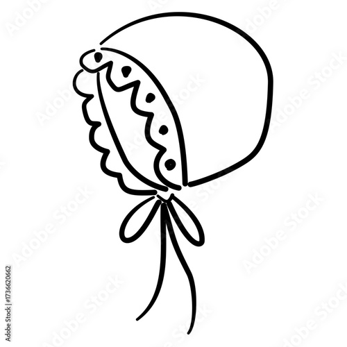 Baby bonnet vintage bonnet with lace detail baby shower line art doodle illustration hand drawn black and white outline sketch for invitations stickers patterns and crafts