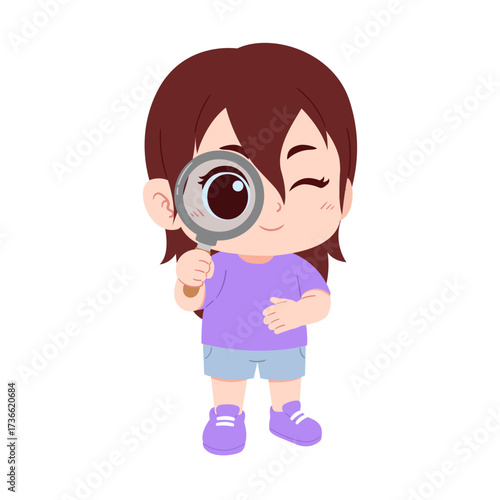 illustration of a little cute girl holding a magnifying glass on an isolated transparent background