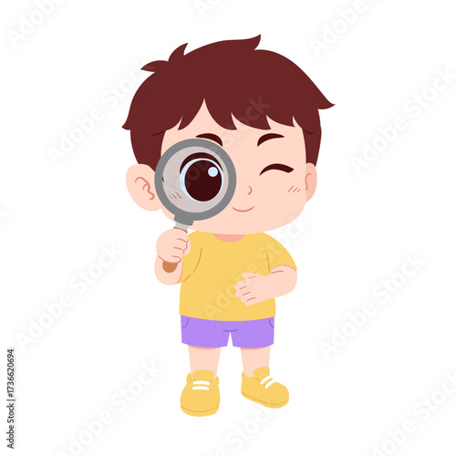 illustration of a little cute boy holding a magnifying glass on an isolated transparent background