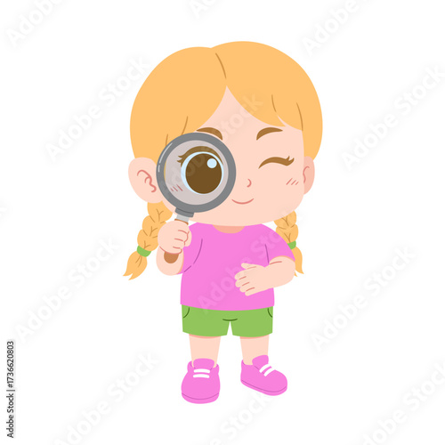 illustration of a little cute girl holding a magnifying glass on an isolated transparent background