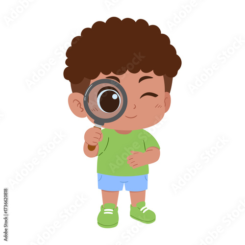 illustration of a little cute boy holding a magnifying glass on an isolated transparent background