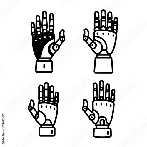 A collection of four robotic hand illustrations in a black and white line art style, representing concepts of prosthetics and future technology.