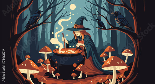 illustration of a witch stirring a bubbling cauldron in a forest with mushrooms and crows, perfect for Halloween designs, spooky storytelling, and seasonal marketing projects