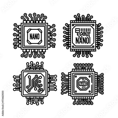 A set of four black and white line art icons depicting nanotechnology microchips or processors.