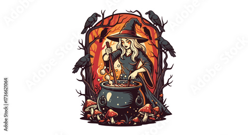 illustration of a witch stirring a bubbling cauldron in a forest with mushrooms and crows, perfect for Halloween designs, spooky storytelling, and seasonal marketing projects