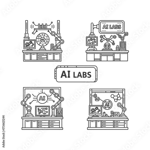 AI Labs: Four different lab setups with robotic arms and monitors.