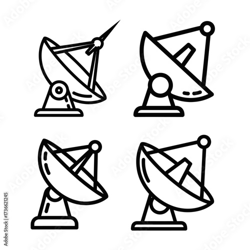 Four line art illustrations of satellite dishes on white background.