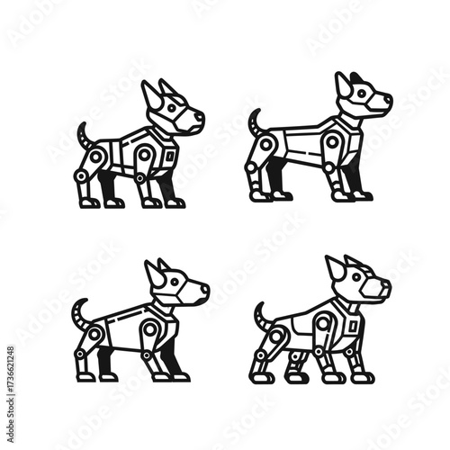 A set of four distinct robotic dog designs in a simple black and white vector style.