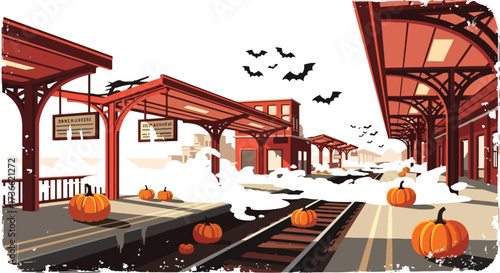 Cartoon illustration of an abandoned train station decorated with glowing jack-o’-lanterns and flying bats, creating a spooky Halloween atmosphere ideal for seasonal design, posters, and party themes