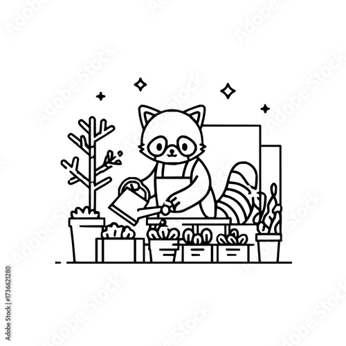 A raccoon wearing glasses and overalls watering plants in pots with a watering can illustration
