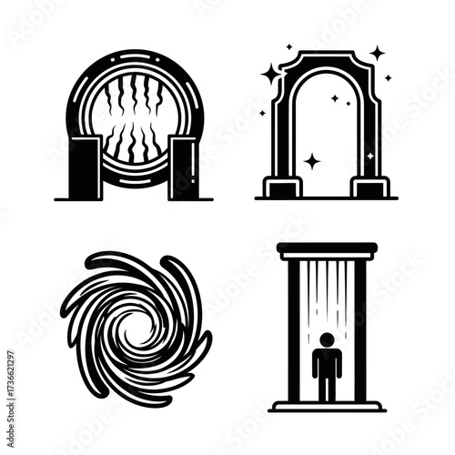 A collection of four black and white vector icons representing various portals, including a stargate, a magical arch, a vortex, and a teleporter.