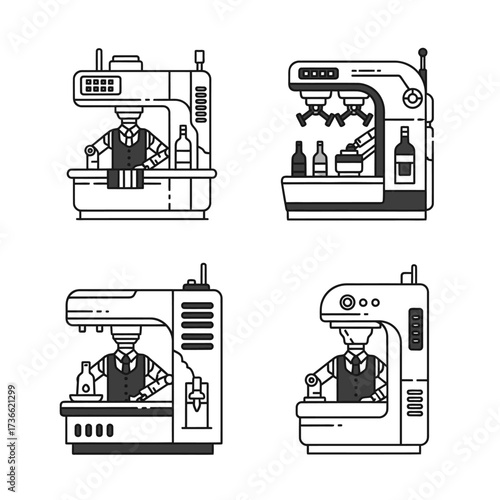 Four stylized illustrations of robotic bartenders serving drinks from futuristic bar stations.