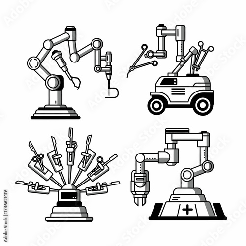 A collection of four black and white vector illustrations depicting various robotic arms for industrial, medical, and scientific automation.