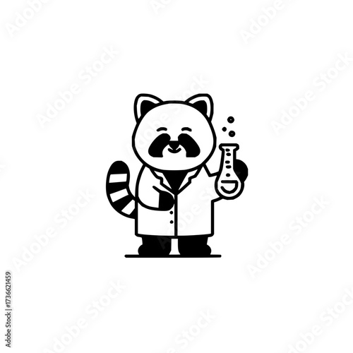 Raccoon cartoon character in a lab coat holding a beaker with bubbles in a black and white illustration