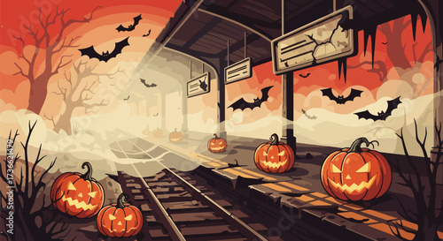 Cartoon illustration of an abandoned train station decorated with glowing jack-o’-lanterns and flying bats, creating a spooky Halloween atmosphere ideal for seasonal design, posters, and party themes