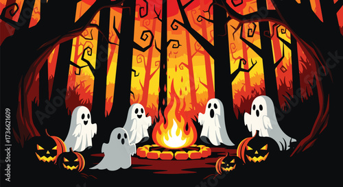 Cartoon illustration of spooky ghosts gathered around a campfire in a haunted forest with carved pumpkins, perfect for Halloween designs, party invitations, and seasonal marketing